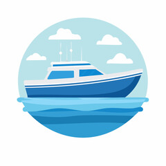 Naklejka premium Blue yacht sailing on water with clouds in a circular illustration