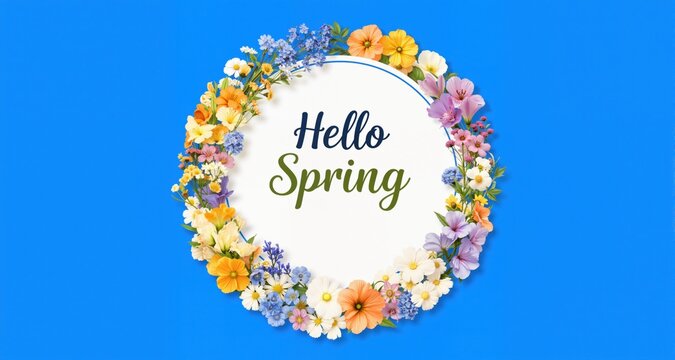 Hello spring banner with round frame and various flower on blue background
