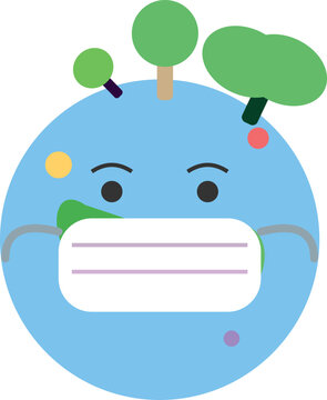 Cute Stylized Earth Planet Cartoon Character Illustration Wearing A Protective Medical Face Mask Symbolizing Global Health Awareness And Environmental Protection Concepts