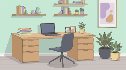 Modern minimalist home office with wooden desk, laptop, plants, and bookshelves © CANVAUX