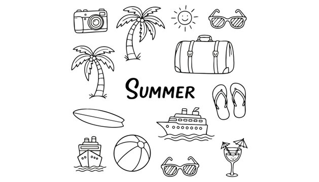 Summer icon set with various travel and vacation elements illustration