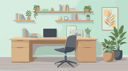 Modern home office workspace with laptop, desk, plants, and bookshelves © CANVAUX