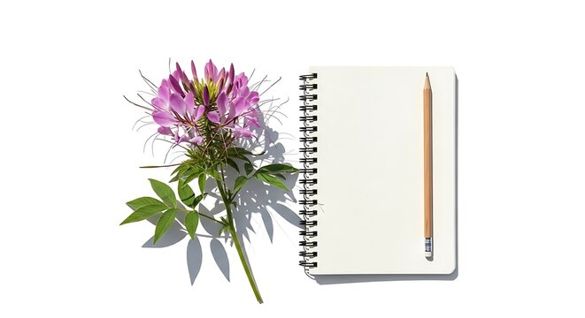 A beautiful pink cleome flower next to a spiral notebook and a wooden pencil isolated on white background