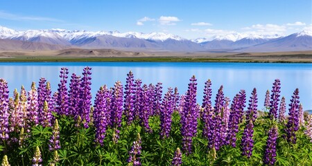 Naklejka premium Lupins in bloom by the lake on a sunny spring day at Tekapo, New Zealand 