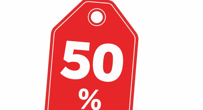 A red discount tag displays fifty percent off with a hole puncher