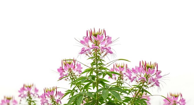 Beautiful pink cleome hassleriana flowers, also known as spider flowers, isolated on white background