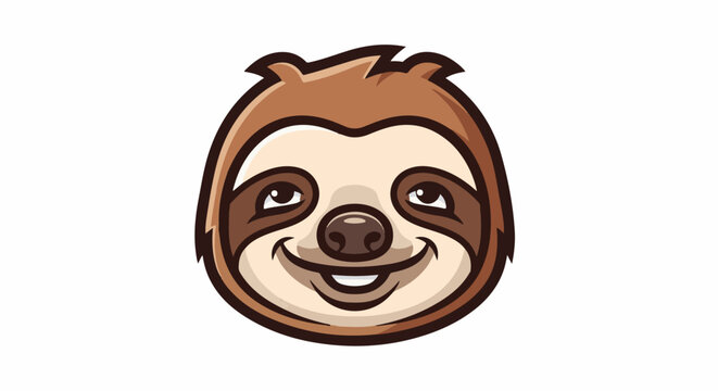 Cartoon sloth face, brown and beige, smiling, with dark eye patches