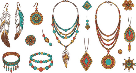 Bohemian ethnic jewelry vector set with feather earrings beaded necklaces bracelets and tribal ornaments illustration isolated on white background © Apu