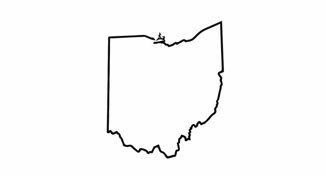 Black outline of the state of Ohio with a small island cluster in the north
