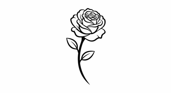 Single black line drawing of a rose with two leaves on its stem