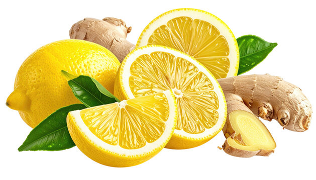 Lemons and ginger citrus fruit slices with fresh root vegetables