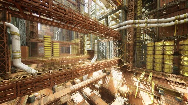 dense mechanical labyrinth of pipes and platforms, layered girders and vents form complex perspective warm sun highlights flaking paint and oily textures