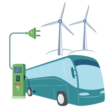 Electric bus at a charging station powered by wind turbines vector illustration