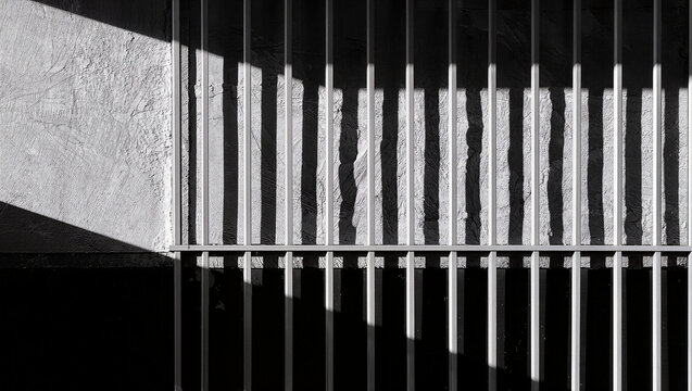 Abstract Monochrome Architectural Pattern with Vertical Metal Bars and Harsh Shadows