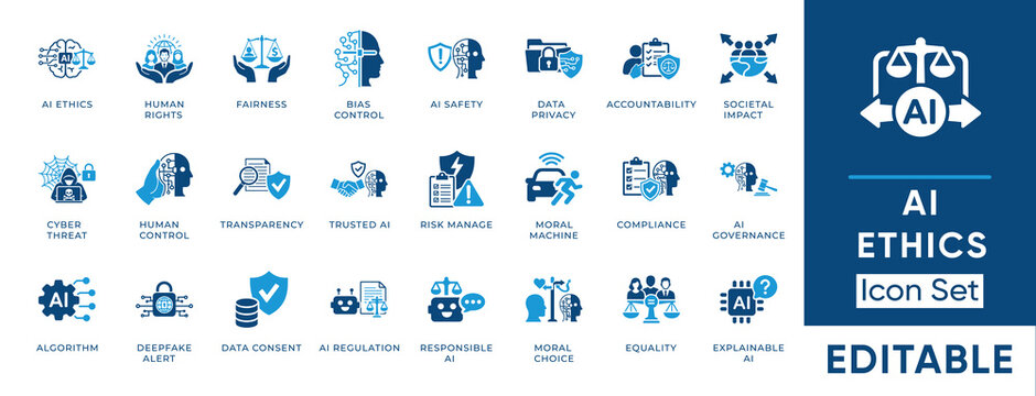 AI ethics icon set. Containing fairness, bias control, ai safety, data privacy, transparency, compliance, trusted ai and more. Solid vector icons collection.
