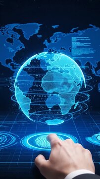 A finger touches a glowing digital fingerprint scanner, initiating a global security verification process with a verified shield icon appearing