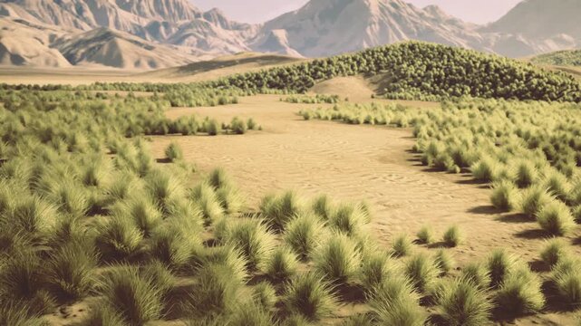 young pine plantation on hillside with rows of saplings stretching across sunlit valley, rugged mountains in background, dry soil textures between neat green