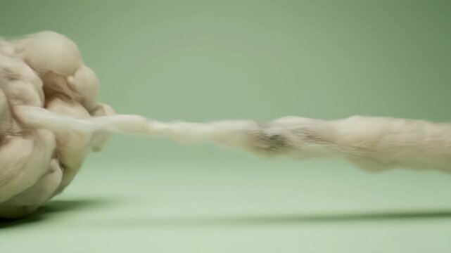 Soft raw wool fiber unraveling from a ball on green studio background for textile manufacturing and fashion industry branding