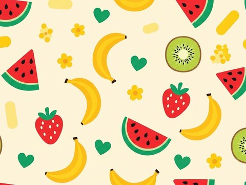 Assorted fruit pattern with bananas strawberries kiwi watermelon hearts