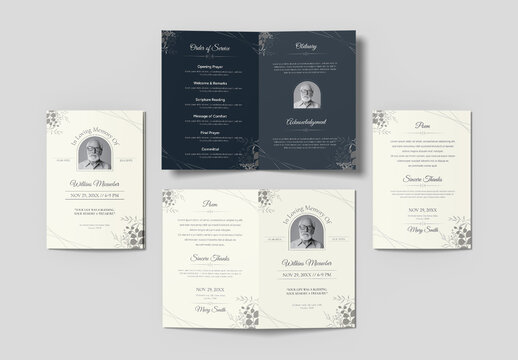 Elegant Funeral Memorial Program Brochure Template with Navy Blue Beige Accents