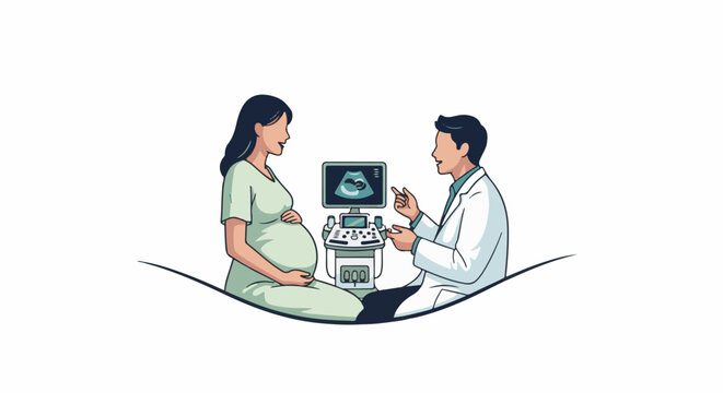 Doctor shows pregnant woman ultrasound image of baby