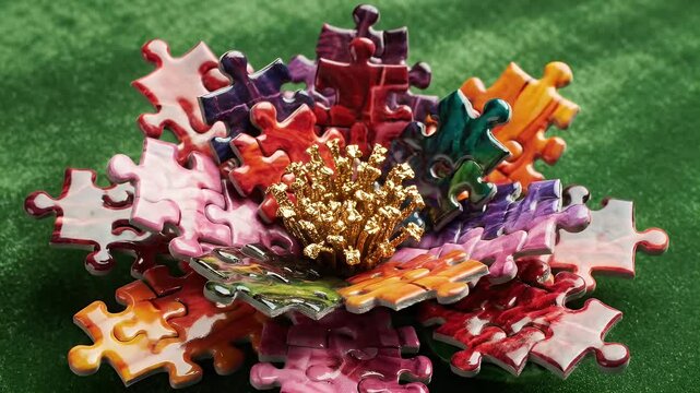 Puzzle Pieces Transforming into Blooming Art on a Green Surface