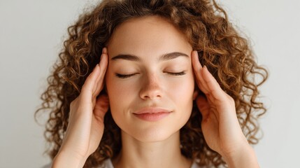 Fototapeta premium Woman gently massaging temples, eyes closed