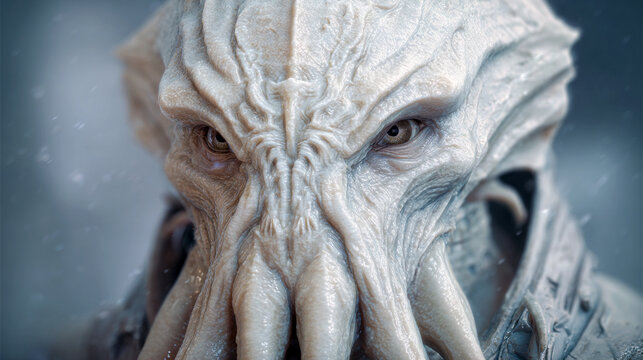 Photorealistic portrait of an old alien in white and cream tones, with a demon-like face and tentacle mouth, sci-fi horror fantasy concept