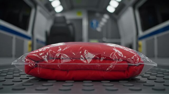 Red sterile medical blanket in plastic bag inside modern ambulance for emergency rescue and paramedic patient care services