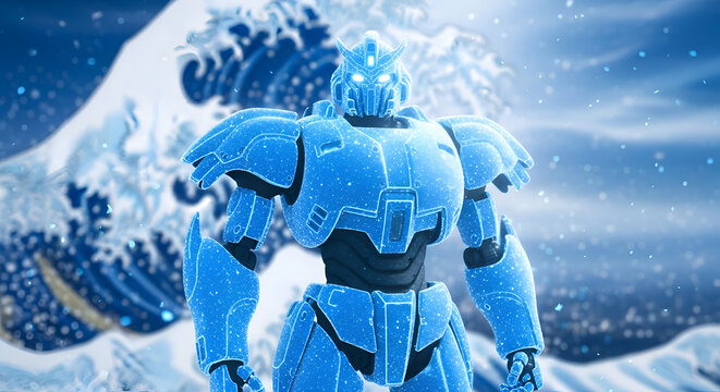 Robot standing before huge wave crashing.