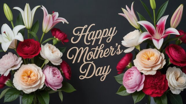 Happy mother's day beautiful floral arrangement with roses and lilies