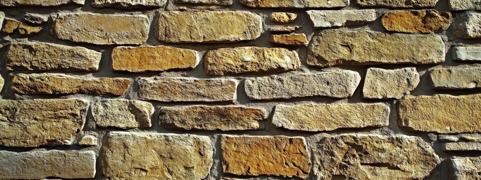 Close-up of an irregular stone wall with warm-toned bricks arranged in a haphazard pattern