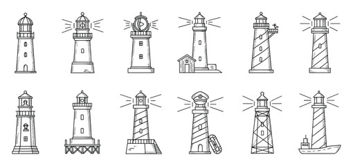Naklejka premium A comprehensive collection of diverse lighthouses presented as outline drawings, perfect for graphic design projects, educational resources, and nauticalthemed web graphics for maritime