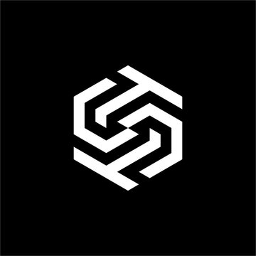 Futuristic logo merging ST or TS letters with sleek, bold and unique geometric hexagonal line work.