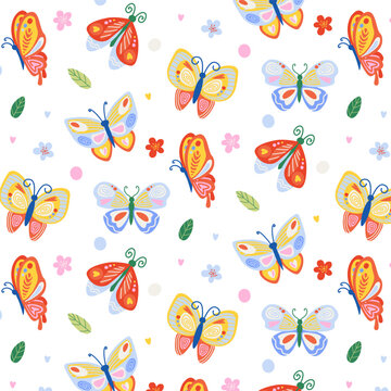 Dainty Butterflies and Garden Flowers Seamless Pattern on White Background, Minimalist Micro Print with Folk Art Insects and Leaves for Kids Apparel and Nursery Decor
