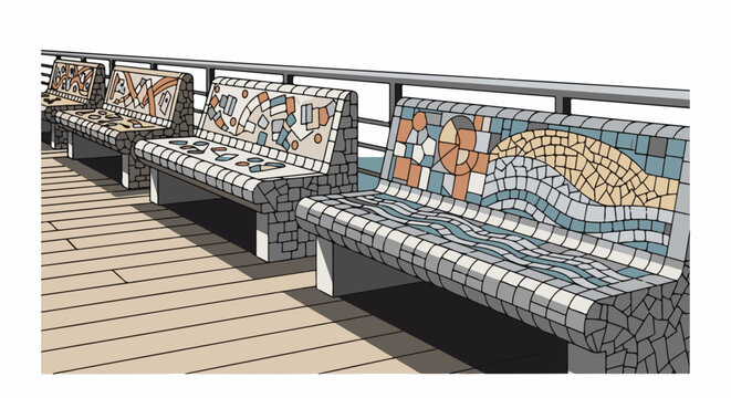 Colorful mosaic benches line a wooden deck with sunlight casting shadows