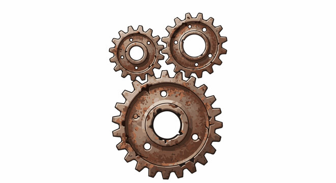 Close-up of three interconnected, rusty, vintage gears on a white background