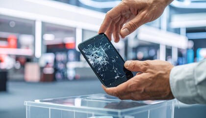 Naklejka premium Damaged smartphone screen being disposed of in a bin