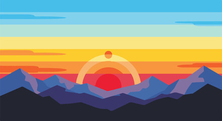Obraz premium Colorful, minimalist mountain sunset with layered sky and horizon