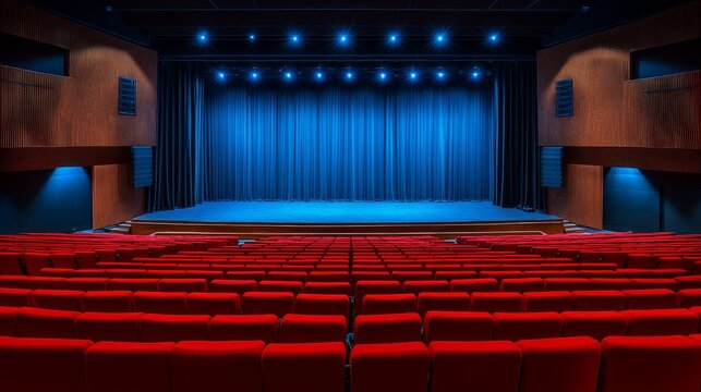 An empty theater with vibrant red seats faces a stage with blue curtains lit by overhead lights