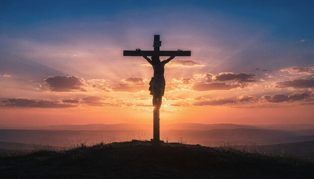 Silhouette of crucifixion cross at dramatic sunset over rolling landscape