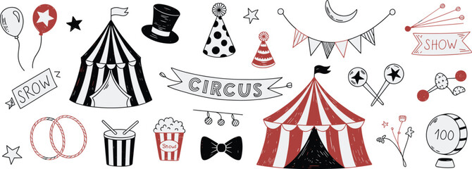 Fototapeta premium Circus doodle elements including tents balloons hats and show signs Keywords: circus tent top hat party hat balloons star garland