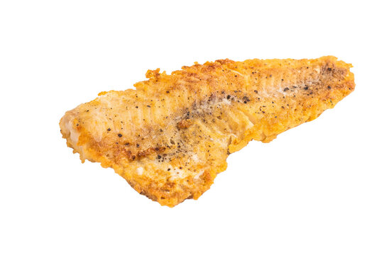 Fried pollock white fish fillet isolated on white background. top view