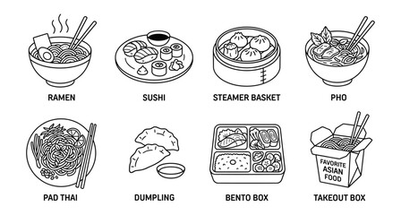 Asian Food Line Art Icons Set: Ramen, Sushi, Dim Sum, Pho, Pad Thai, Dumpling, Bento, Takeout Box. © ObDesign