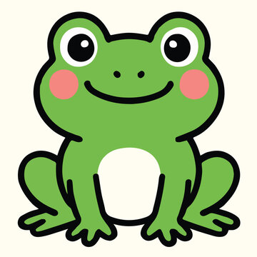 A cute green frog cartoon character with a happy smile sits isolated on a white background in this funny wildlife vector illustration