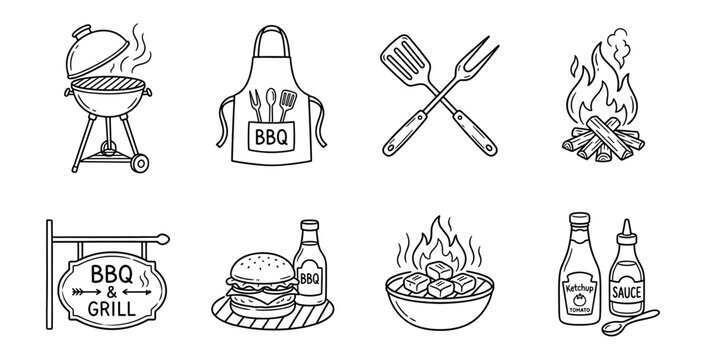 BBQ Grill Icons Set. Hand-Drawn Doodle Style Barbecue Food and Tools Vector Illustrations.