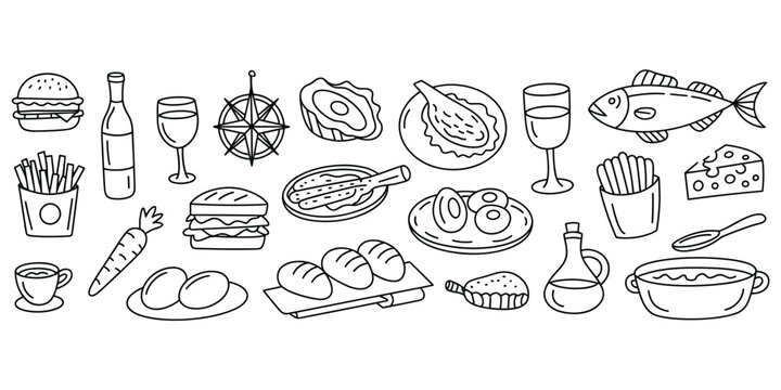 Collection of hand-drawn food and drink icons in a doodle style Keywords: food, drink, burger, hamburger, fries, french fries