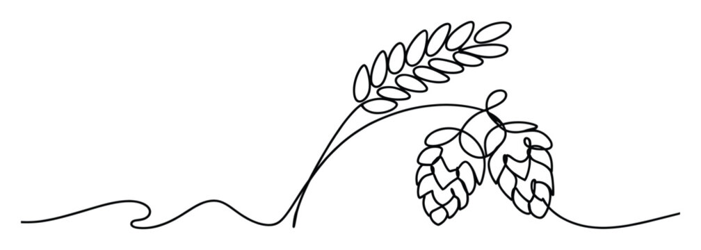 Continuous line drawing illustrating essential brewing ingredients, featuring wheat and hop plants intertwined in a simple graphic, ideal for brewery logos, beer packaging, or beverage