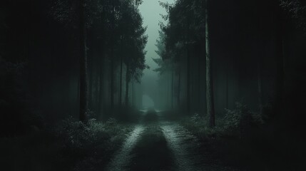 Fototapeta premium A misty forest path winds through tall, shadowy trees, fading into the ethereal glow of a foggy distance