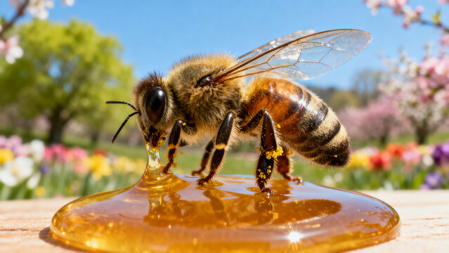 Close-Up of Honey Bee on Blooming Spring Flower, Natural Pollination Scene - 4K